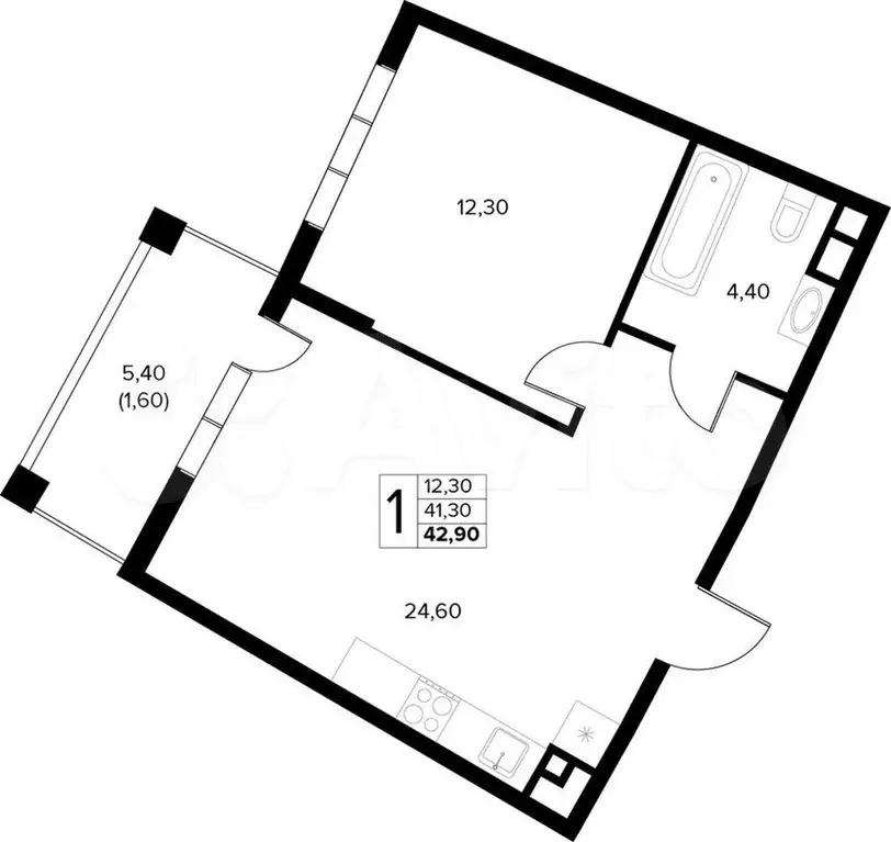 1-к. квартира, 42,9 м, 4/8 эт. - Фото 1