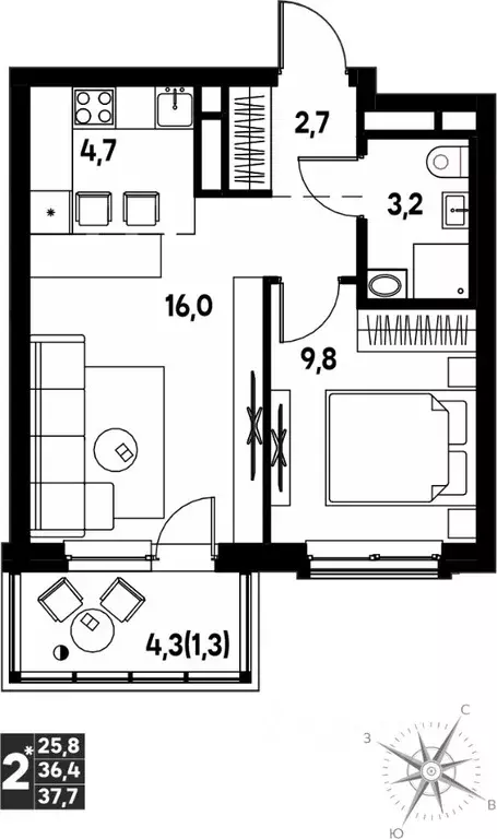 Студия Пермский край, д. Кондратово просп. Дягилева, 3 (37.7 м) - Фото 1