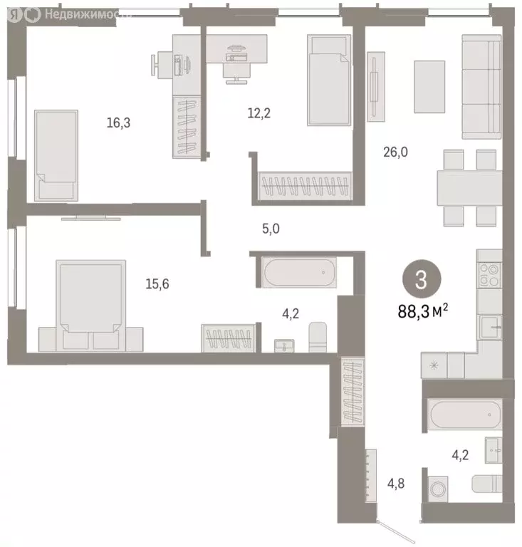 3-комнатная квартира: Новосибирск, Большевистская улица, 66 (88.27 м) - Фото 2