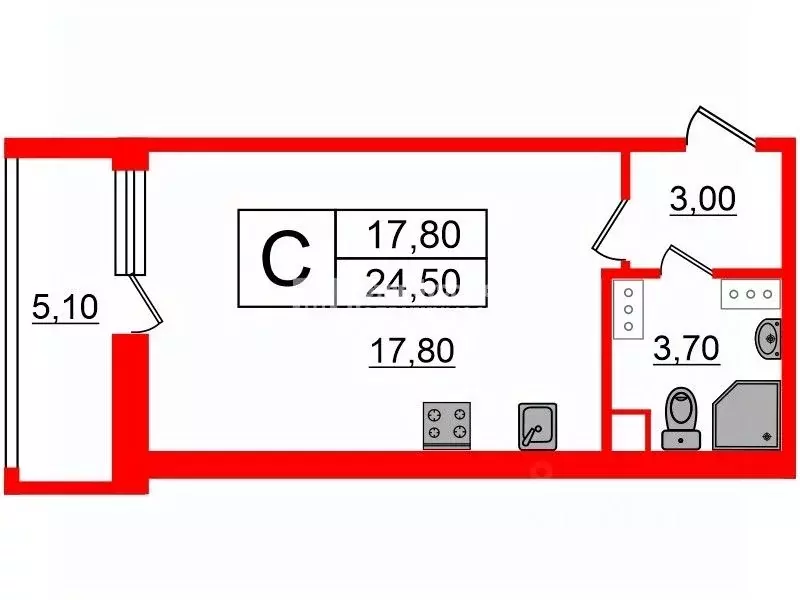 Студия Санкт-Петербург ул. Верхне-Каменская, 9к1 (24.5 м) - Фото 1