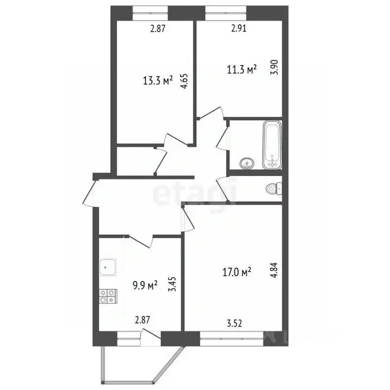 3-к кв. Ханты-Мансийский АО, Сургутский район, Белый Яр пгт, 1-й мкр 5 ... - Фото 2