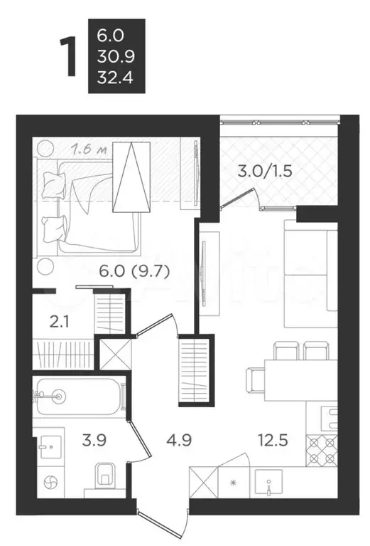 1-к. квартира, 30,9м, 4/4эт. - Фото 1