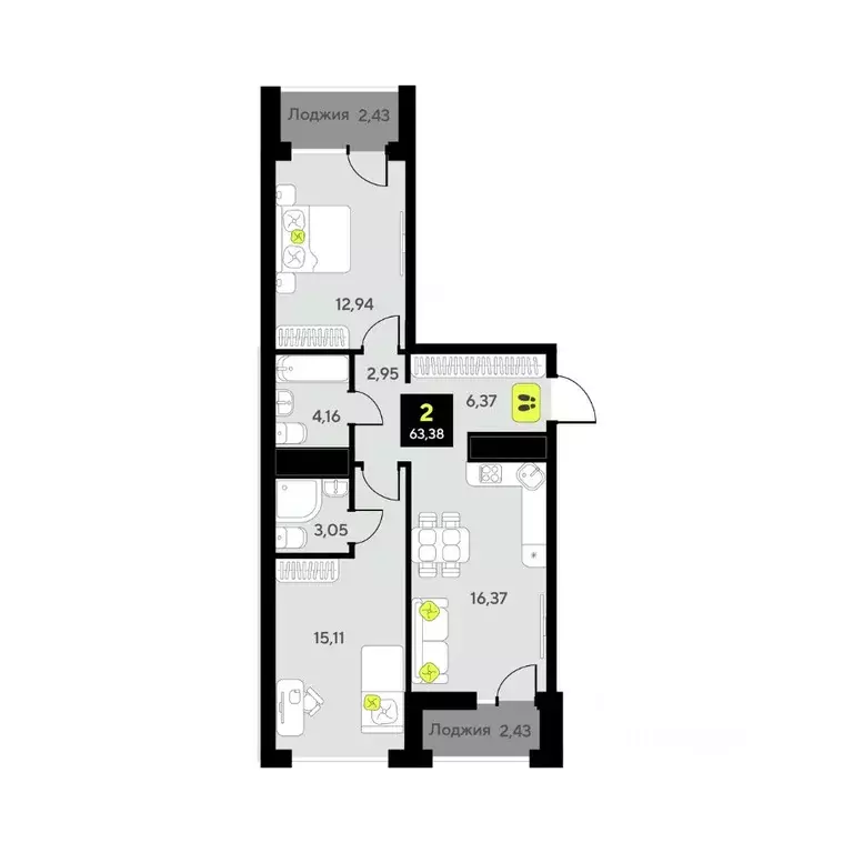2-к кв. Тюменская область, Тюмень ул. Андрея Приказнова, 1 (63.38 м) - Фото 1