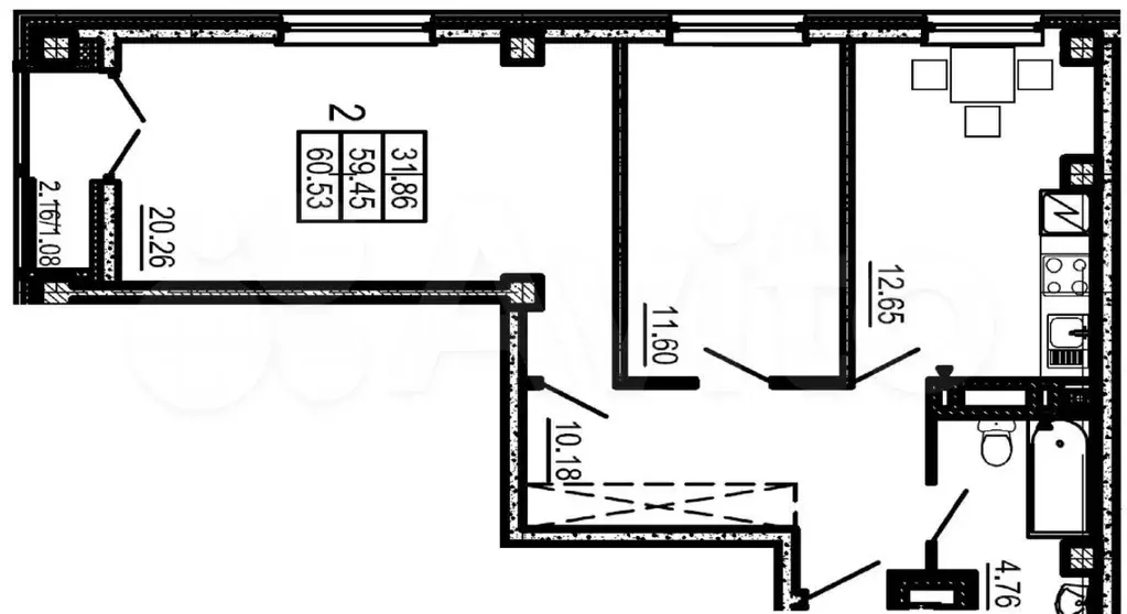 2-к. квартира, 60 м, 7/9 эт. - Фото 0