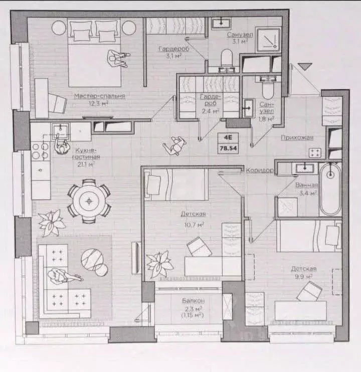 4-к кв. Татарстан, Казань ул. Алексея Козина, 2 (78.5 м) - Фото 1