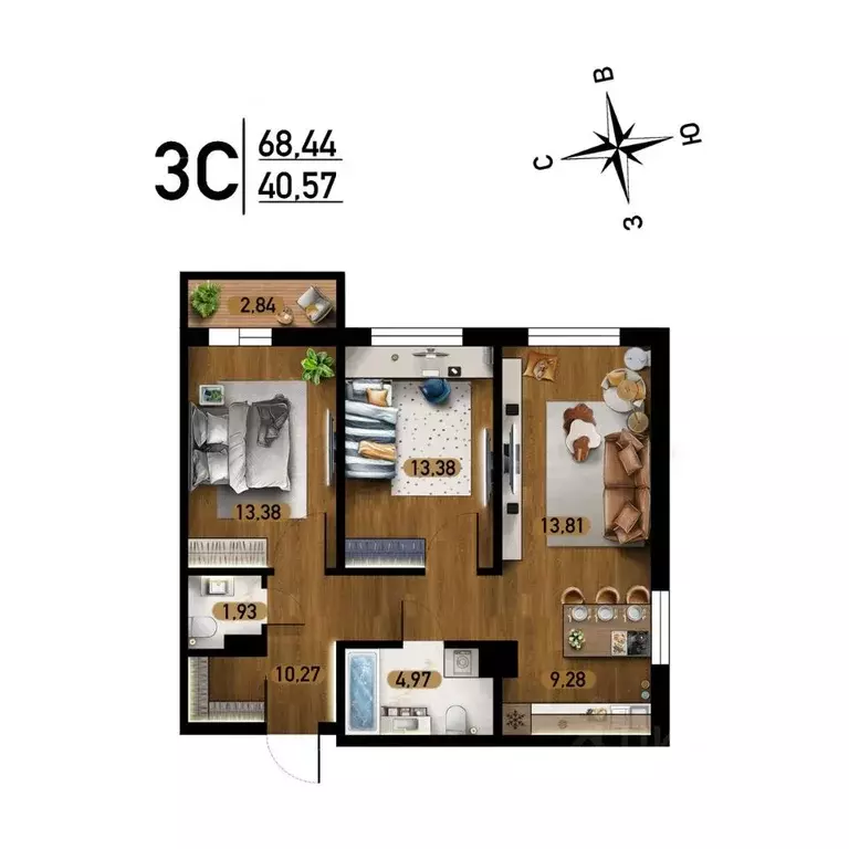 3-к кв. Новосибирская область, Новосибирск ул. Забалуева, с10 (68.44 ... - Фото 0