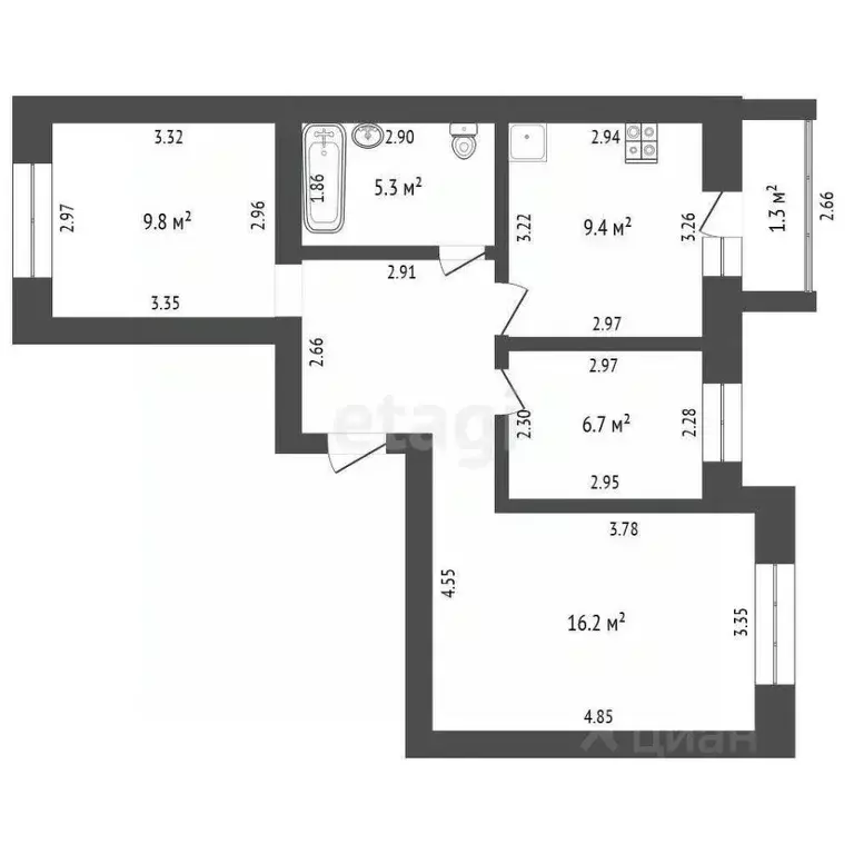 3-к кв. Башкортостан, Стерлитамак Одесская ул., 68 (59.3 м) - Фото 2