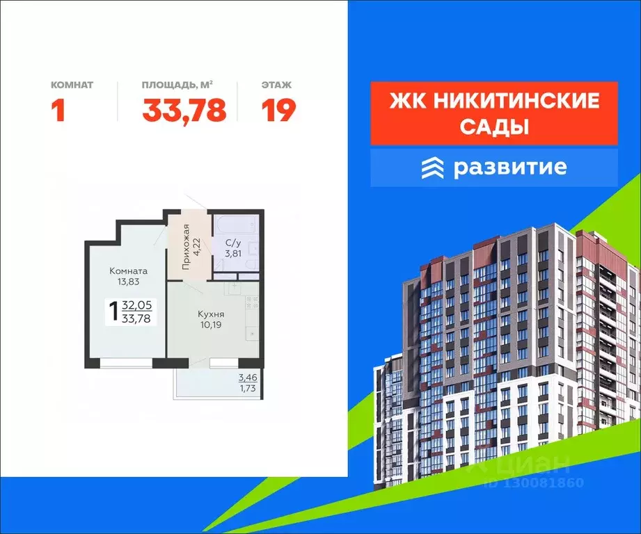 1-к кв. Воронежская область, Воронеж Никитинские сады жилой комплекс ... - Фото 0