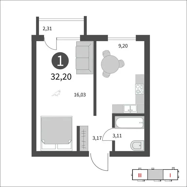 1-комнатная квартира: Гагарин, улица Строителей, 127 (32.21 м) - Фото 0