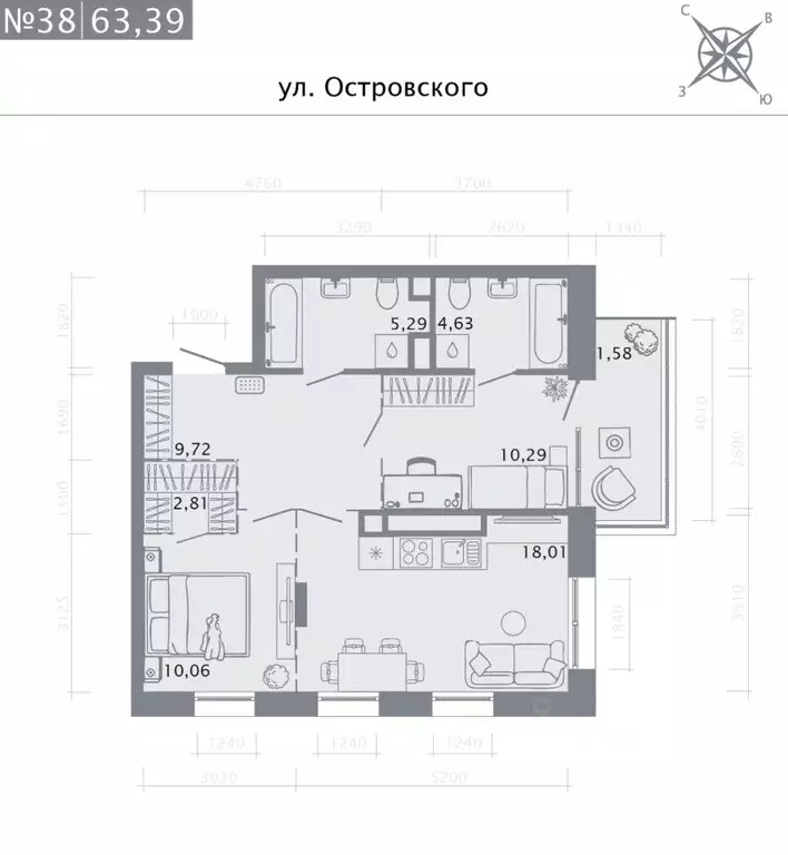 2-к кв. Татарстан, Казань Кастура Таун жилой комплекс (64.03 м) - Фото 0