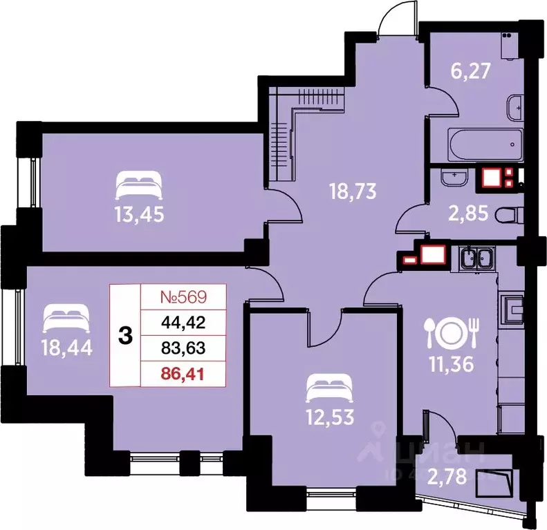 3-к кв. Калининградская область, Калининград ул. Гайдара, 94 (86.41 м) - Фото 0