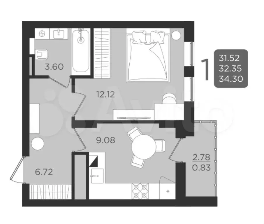 1-к. квартира, 32,4 м, 8/9 эт. - Фото 0