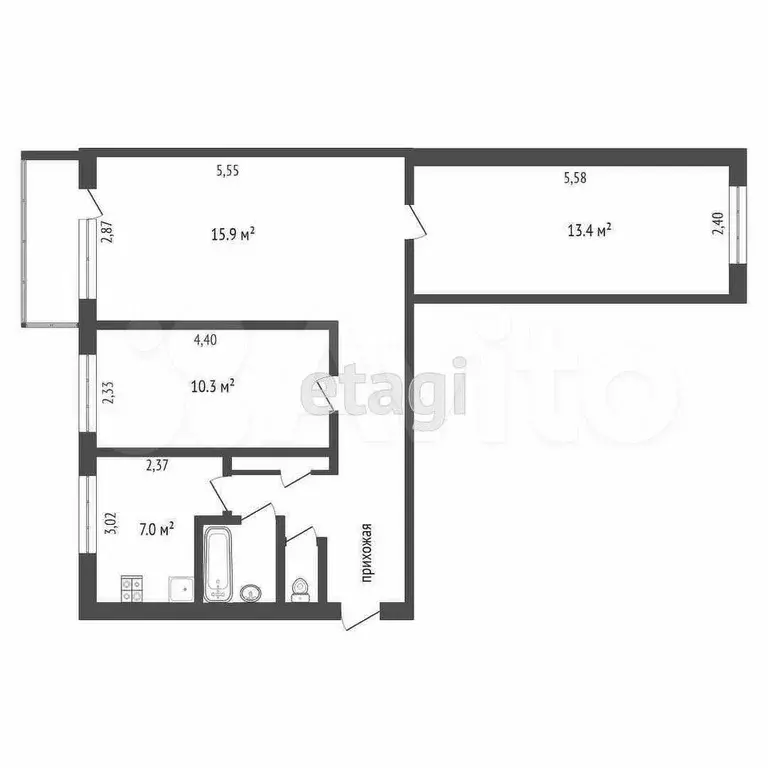 3-к. квартира, 57,5 м, 5/5 эт. - Фото 1