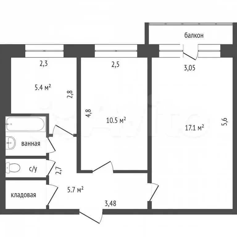 2-к. квартира, 45 м, 4/5 эт. - Фото 0