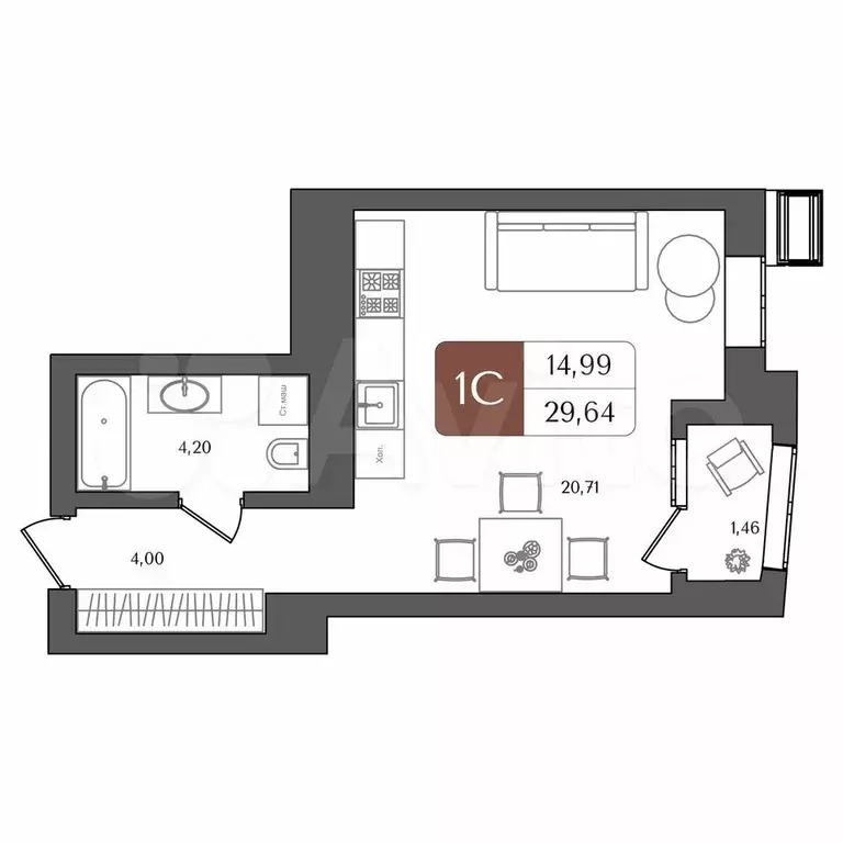 Квартира-студия, 29,5 м, 2/21 эт. - Фото 1