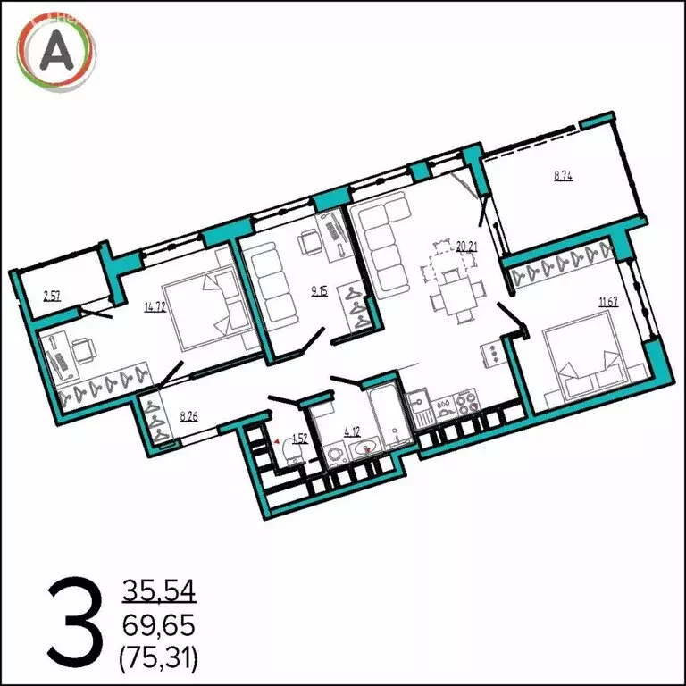 3-комнатная квартира: Брянск, Бежицкая улица, 21Б (75.31 м) - Фото 0