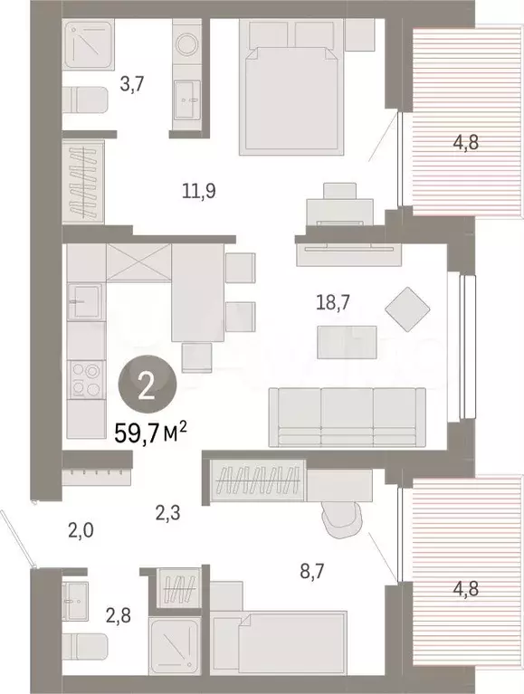 2-к. квартира, 59,7 м, 8/12 эт. - Фото 0