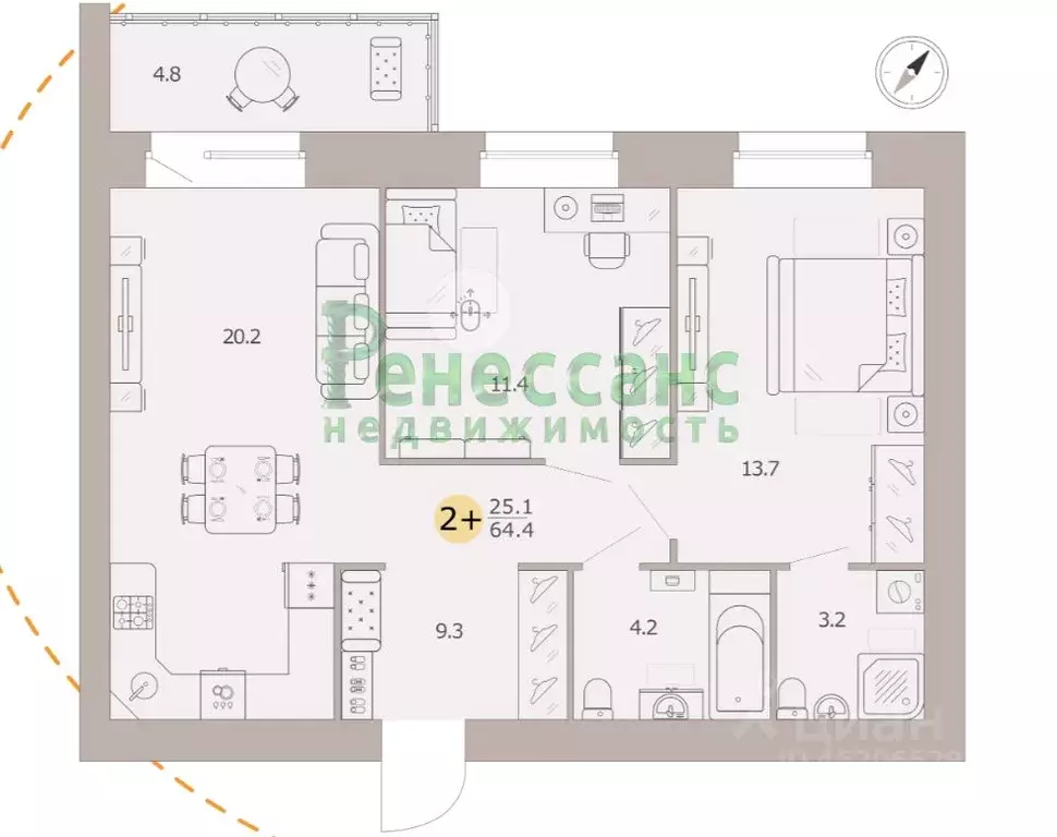 2-к кв. Брянская область, Брянск ул. Крапивницкого, 39/1 (62.1 м) - Фото 0