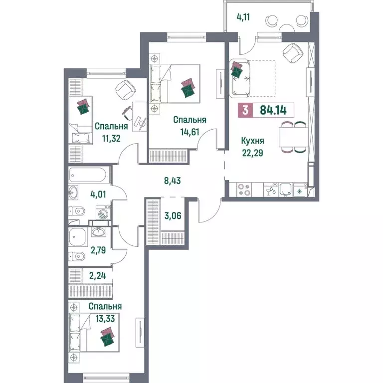 3-комнатная квартира: Мурино, проспект Авиаторов Балтики, 23к1 (84.14 ... - Фото 1