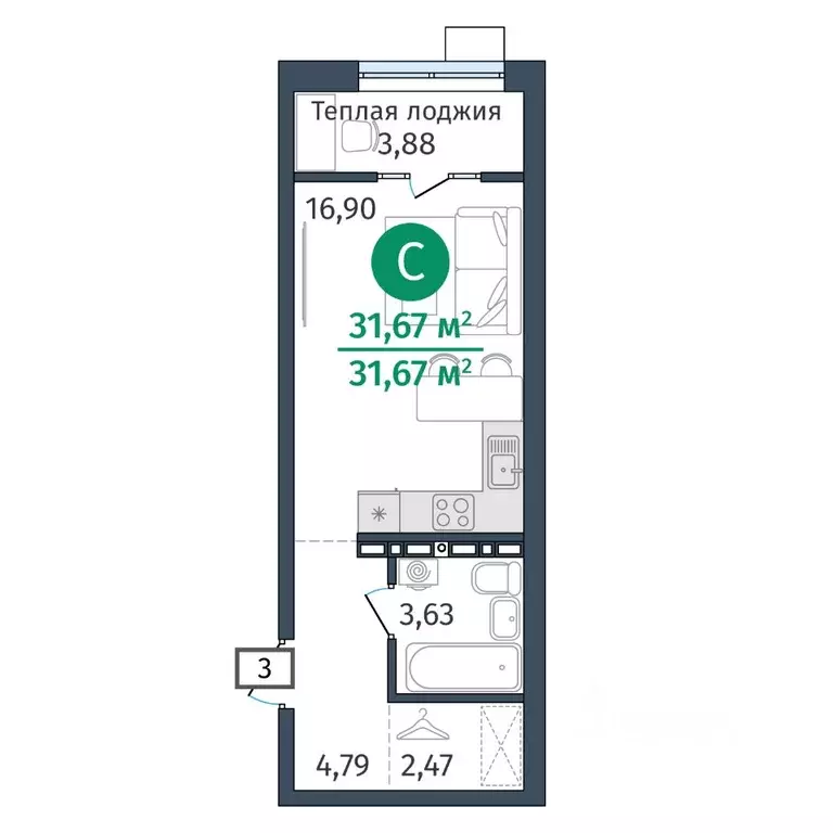 Студия Тюменская область, Тюменский муниципальный округ, д. Дударева ... - Фото 1