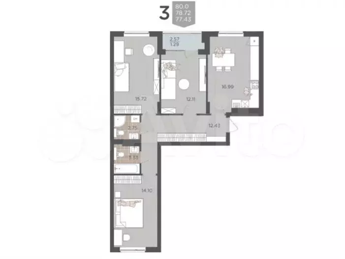 3-к. квартира, 78,7 м, 3/9 эт. - Фото 1