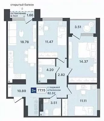 3-к кв. Тюменская область, Тюмень Ставропольская ул., 1 (77.15 м) - Фото 0