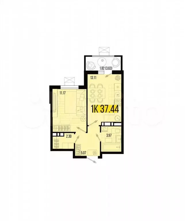 1-к. квартира, 37,4 м, 5/7 эт. - Фото 0