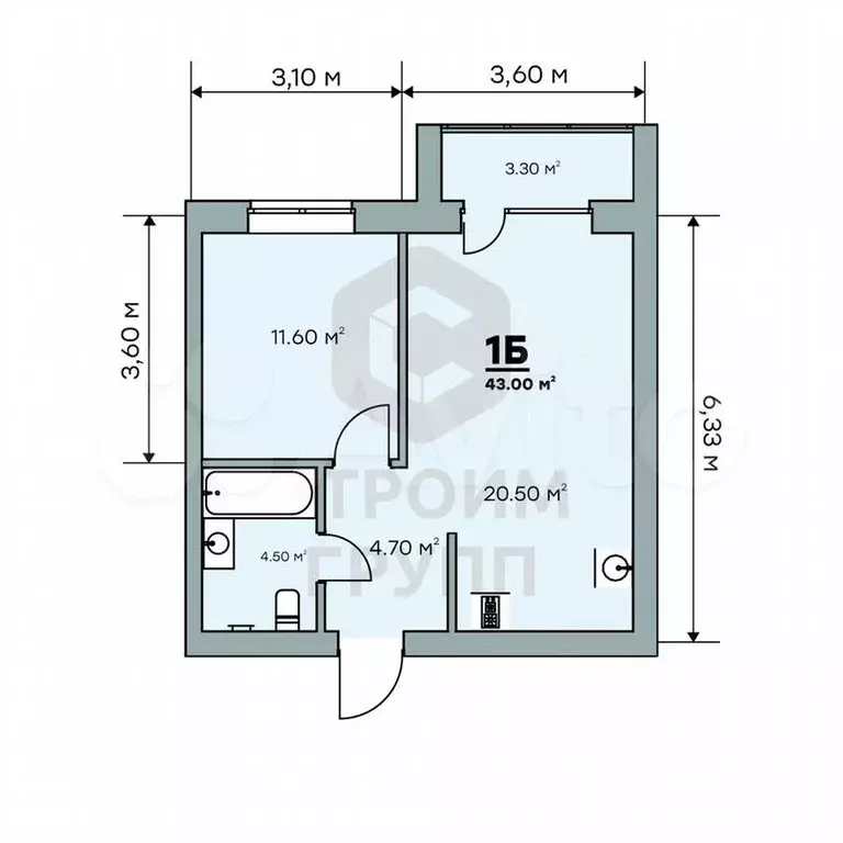 1-к. квартира, 43м, 4/9эт. - Фото 1