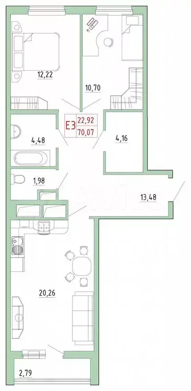 2-к. квартира, 70,1 м, 2/18 эт. - Фото 1