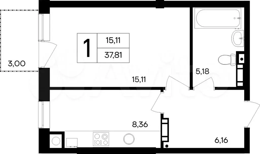 1-к. квартира, 37,8 м, 4/4 эт. - Фото 0