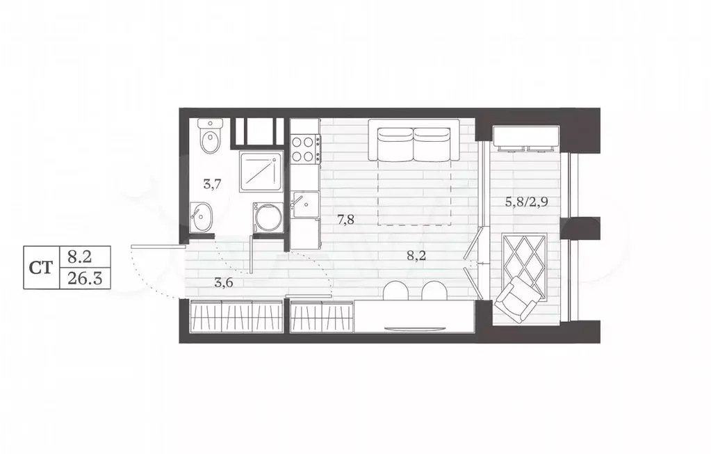 Квартира-студия, 26,3 м, 4/8 эт. - Фото 0