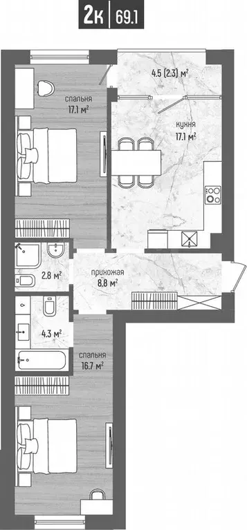2-к. квартира, 69,1 м, 2/5 эт. - Фото 1