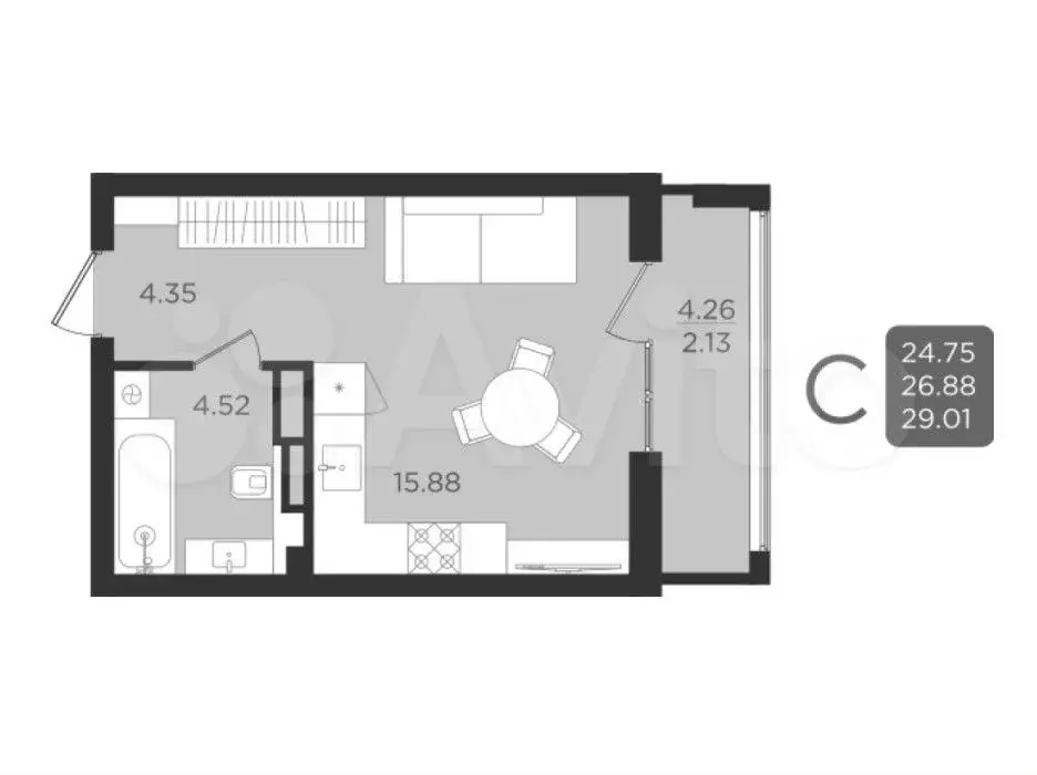 Квартира-студия, 26,7 м, 7/9 эт. - Фото 1