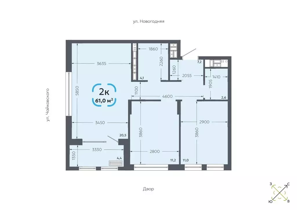 2-комнатная квартира: Тюмень, Сосьвинская улица, 33к1 (61 м) - Фото 1