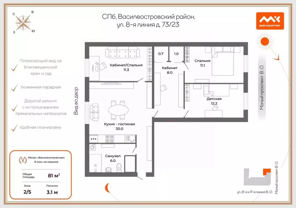 3-к кв. Санкт-Петербург 8-я Васильевского острова линия, 73/23 (81.0 ... - Фото 2