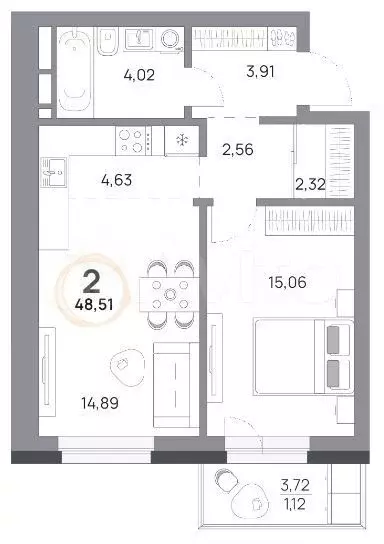 2-к. квартира, 48,5 м, 5/9 эт. - Фото 0