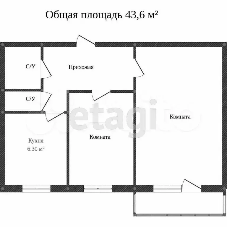 2-к. квартира, 43 м, 3/5 эт. - Фото 1