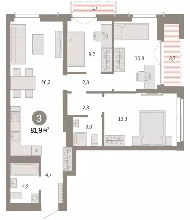 3-комнатная квартира: Новосибирск, Большевистская улица, 66 (81.92 м) - Фото 2