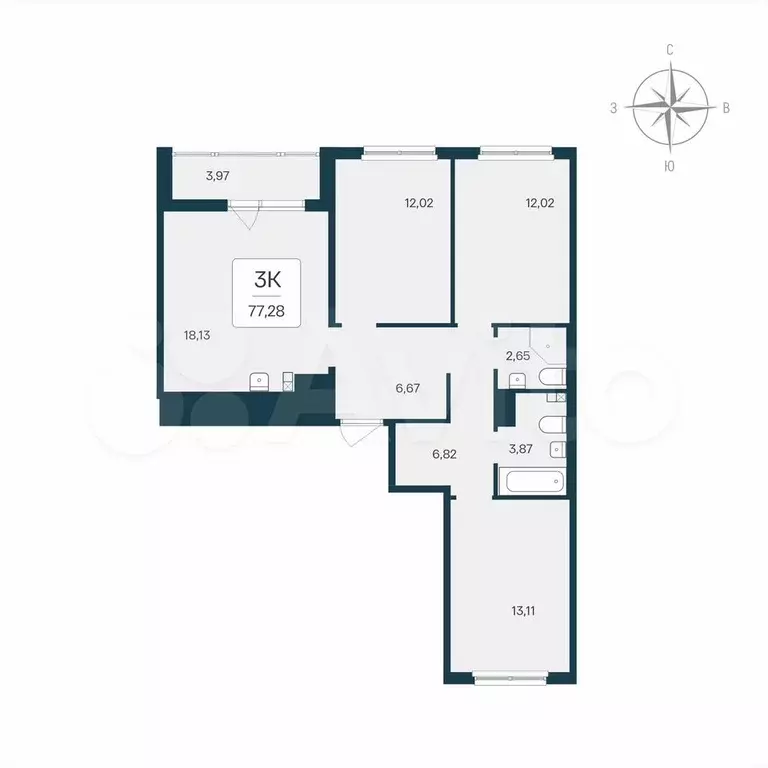 3-к. квартира, 77,3 м, 5/8 эт. - Фото 0