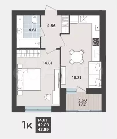 1-к. квартира, 42 м, 2/9 эт. - Фото 1