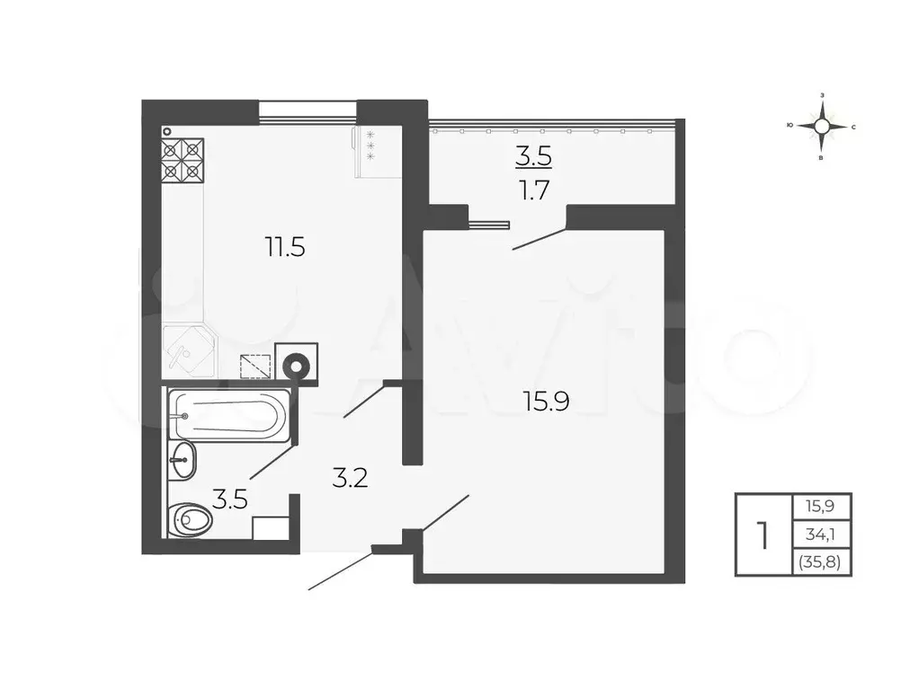 1-к. квартира, 35,8 м, 3/5 эт. - Фото 0