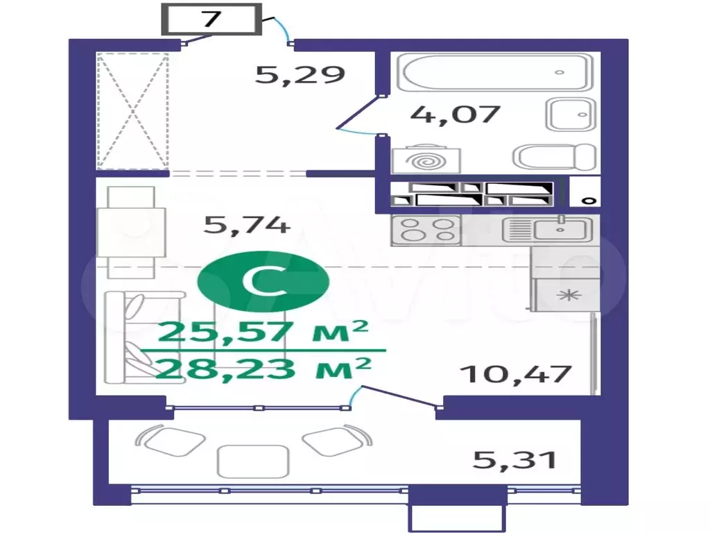 Квартира-студия, 25,6 м, 15/25 эт. - Фото 1