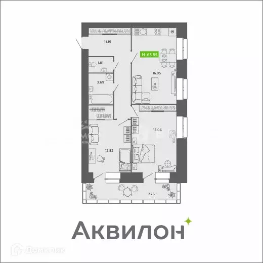 Продаётся 2-к квартира, 63.85 м - Фото 0