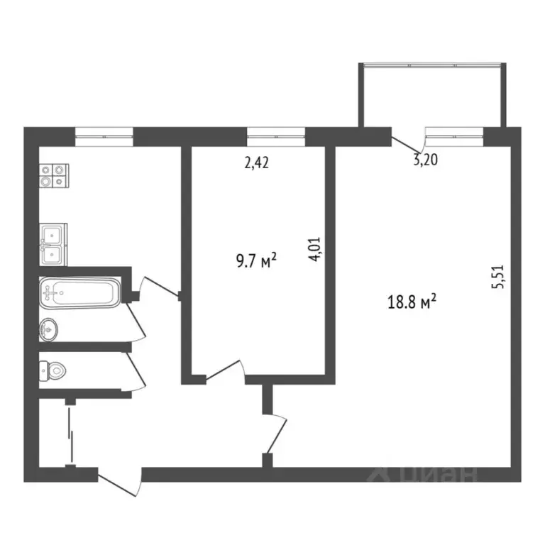 2-к кв. Тюменская область, Тюмень ул. Республики, 196 (44.3 м) - Фото 1