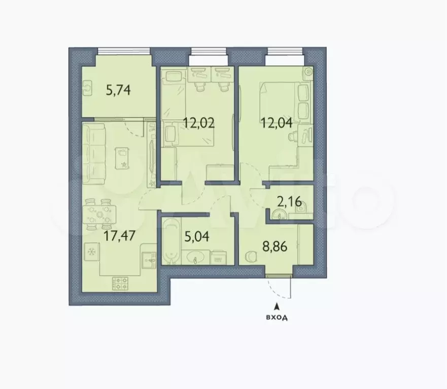 2-к. квартира, 63,3 м, 2/8 эт. - Фото 1