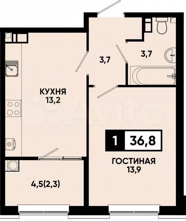 1-к. квартира, 36,8 м, 7/13 эт. - Фото 0