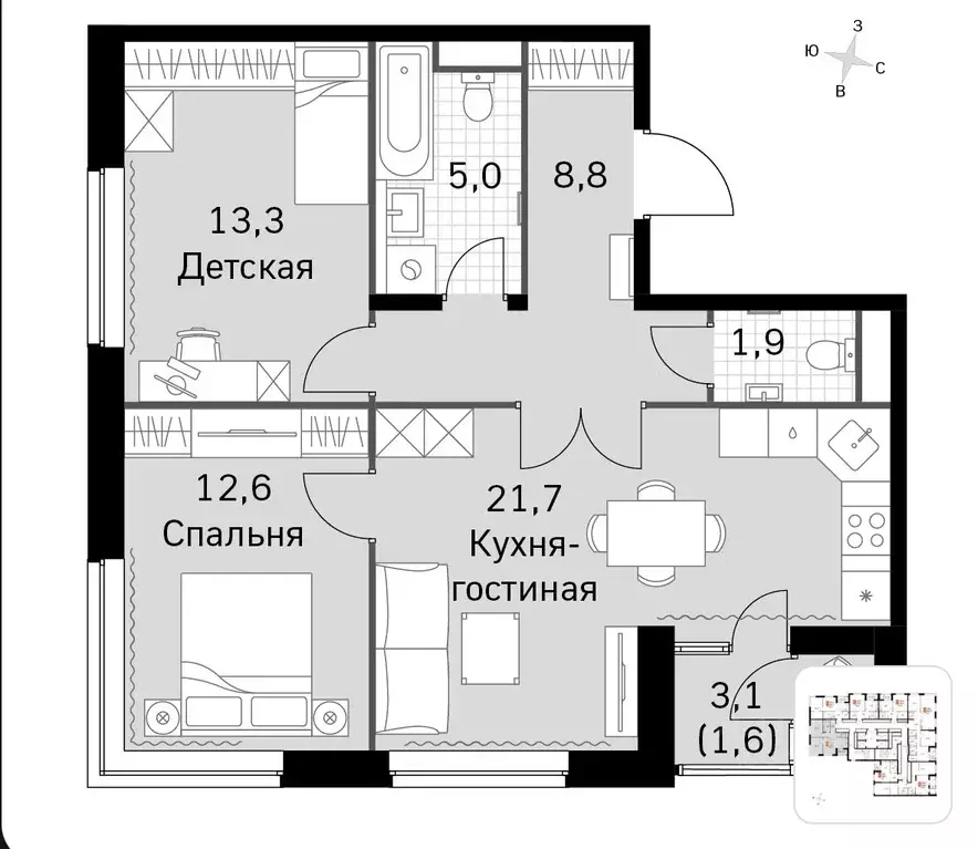 3-к кв. Москва Строительный проезд, 9С6 (64.9 м) - Фото 1