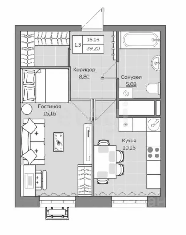 1-к кв. Татарстан, Казань Батталовский жилой комплекс (39.2 м) - Фото 2