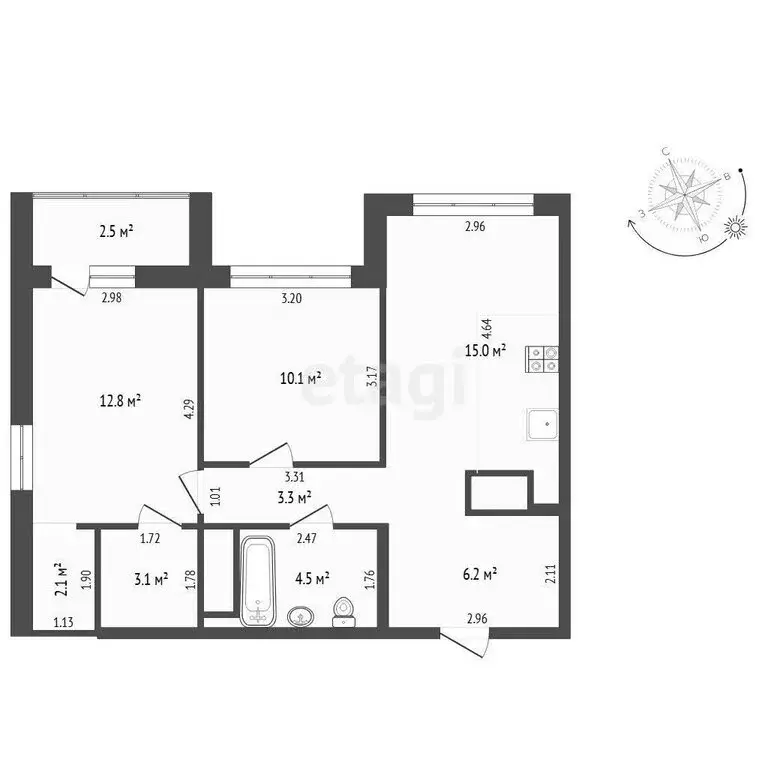 2-комнатная квартира: Тюмень, улица Пожарных и Спасателей, 16 (57.1 м) - Фото 2