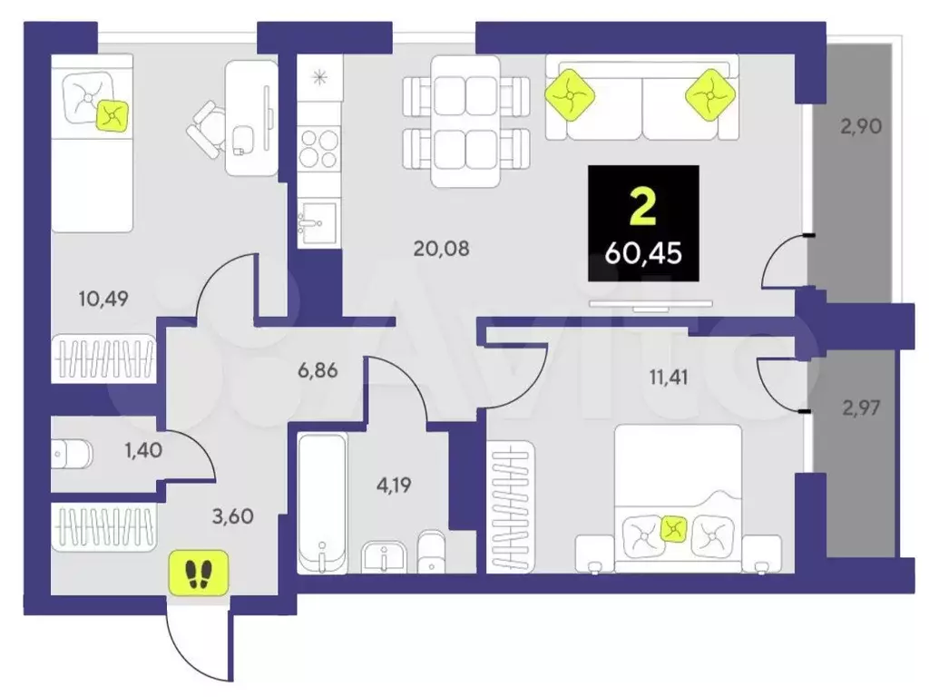 2-к. квартира, 60,5 м, 9/9 эт. - Фото 1